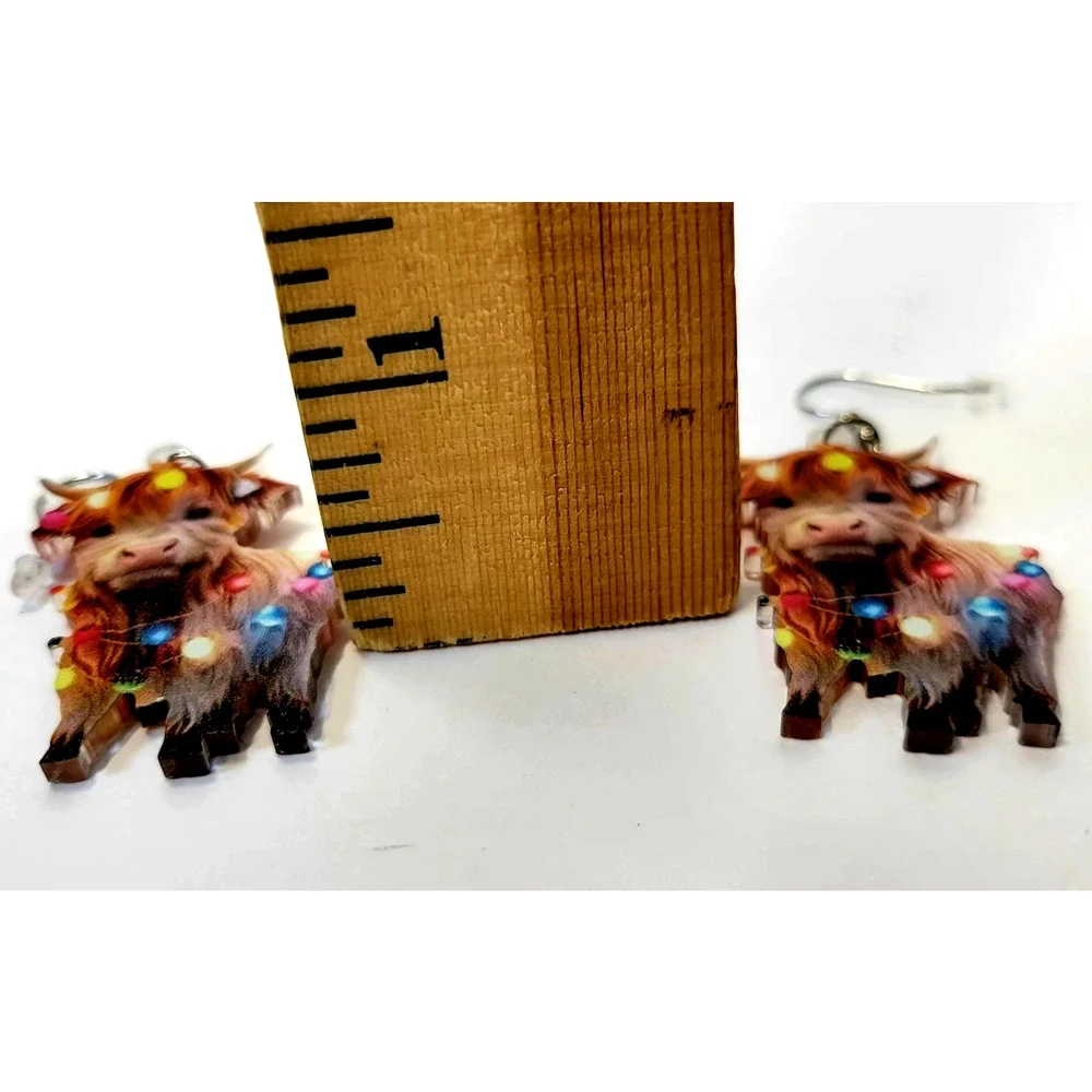 Highland Cow Christmas‎ Lights Dangle Earrings Women Holiday Acrylic Jewelry